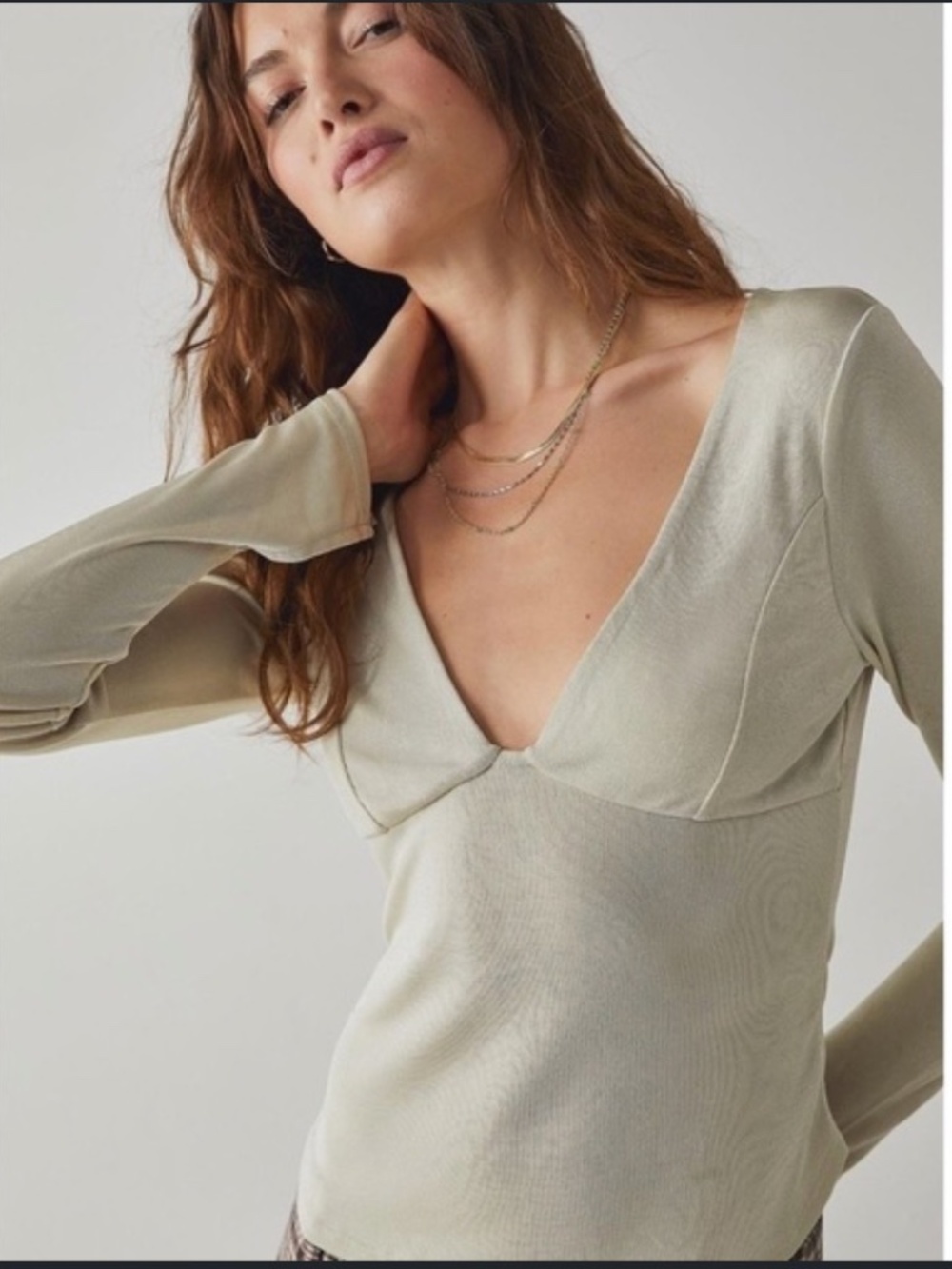 Free People Plungline V-Neckline Shimmer Beige Top Size Large
